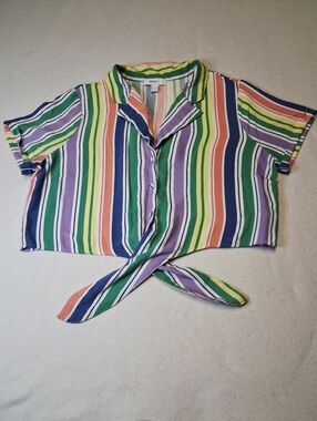 Forever 21 Tie-Front Rainbow Stripe Crop Shirt - Multicolor